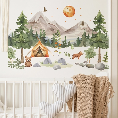 Adesivi Murali ad Acquerello Foresta Campeggio Orso Montagne PVC Rimovibili Decalcomanie Nordiche per Cameretta Bambini Camera da Letto
