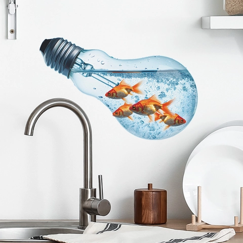 3D Kreative Glühbirne Goldfisch Wandsticker PVC Selbstklebend Wasserdichtes Wandtattoo Für Kinderzimmer Schlafzimmer Zuhause Deko Wandkunst