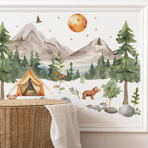 Adesivi Murali ad Acquerello Foresta Campeggio Orso Montagne PVC Rimovibili Decalcomanie Nordiche per Cameretta Bambini Camera da Letto