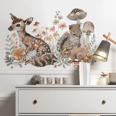 Sticker Mural Animaux de la Forêt Aquarelle Cerf Écureuil Champignon Feuilles Autocollant PVC pour Chambre d'Enfant Maison