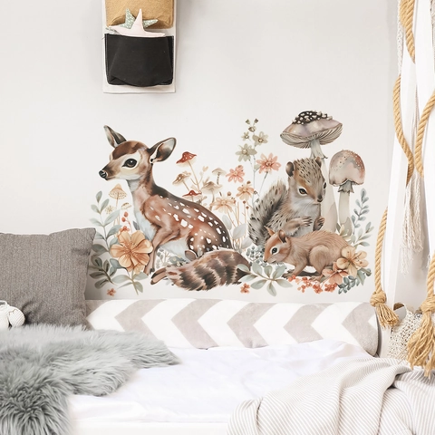 Sticker Mural Animaux de la Forêt Aquarelle Cerf Écureuil Champignon Feuilles Autocollant PVC pour Chambre d'Enfant Maison