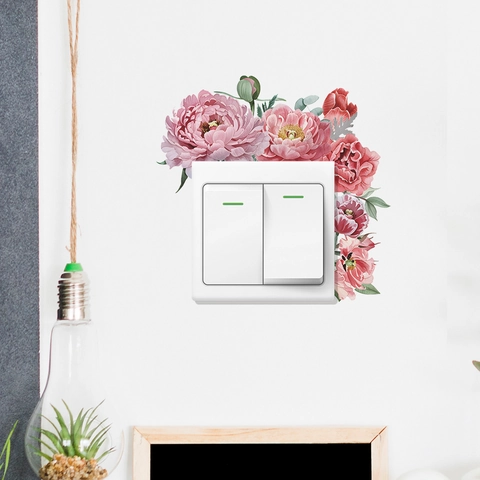 Adesivo per Interruttore a Muro con Peonia Rosa Romantica Decalcomania da Parete Floreale in PVC per Camera da Letto Bambini