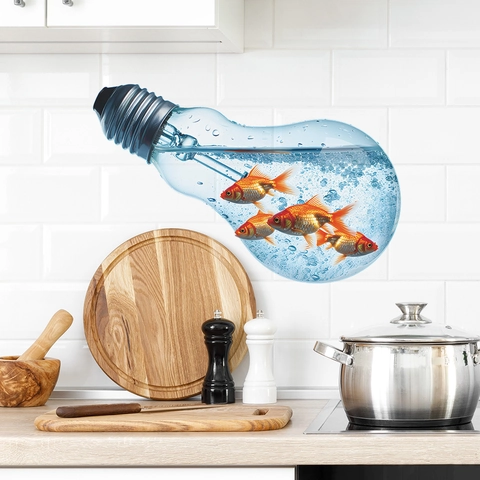 3D Kreative Glühbirne Goldfisch Wandsticker PVC Selbstklebend Wasserdichtes Wandtattoo Für Kinderzimmer Schlafzimmer Zuhause Deko Wandkunst