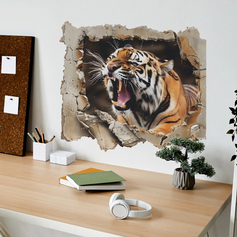 Sticker Mural Tigre 3D Mur Brisé Tigre Rugissant Réaliste PVC Auto-Adhésif Décalcomanie Pour Chambre d'Enfant Chambre Décor