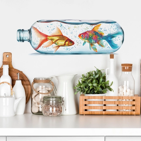 Stickers Muraux 3D Créatifs Bouteille en Verre Poisson Rouge PVC Autocollant Décoratif Pour Chambre Enfant Salon Maison