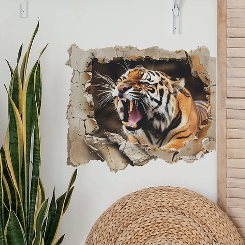 Sticker Mural Tigre 3D Mur Brisé Tigre Rugissant Réaliste PVC Auto-Adhésif Décalcomanie Pour Chambre d'Enfant Chambre Décor