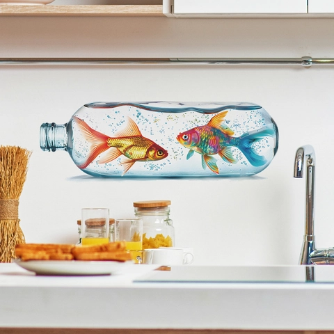Stickers Muraux 3D Créatifs Bouteille en Verre Poisson Rouge PVC Autocollant Décoratif Pour Chambre Enfant Salon Maison