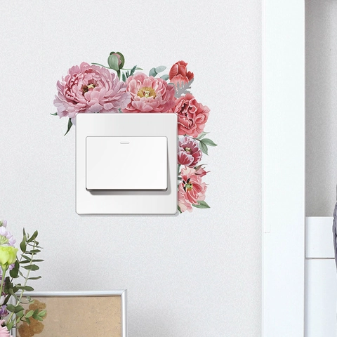 Adesivo per Interruttore a Muro con Peonia Rosa Romantica Decalcomania da Parete Floreale in PVC per Camera da Letto Bambini