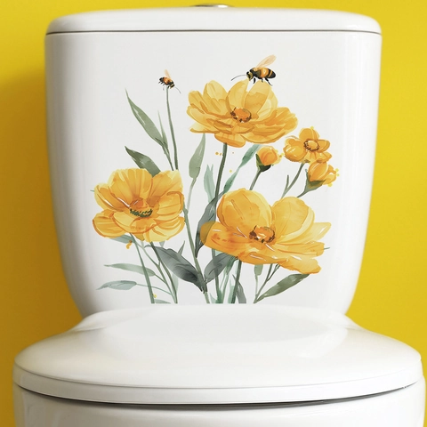 Romantische Gelbe Blumen Und Bienen Toilettenaufkleber Wasserdichte PVC Wandaufkleber Für Kinderzimmer Badezimmer Deko