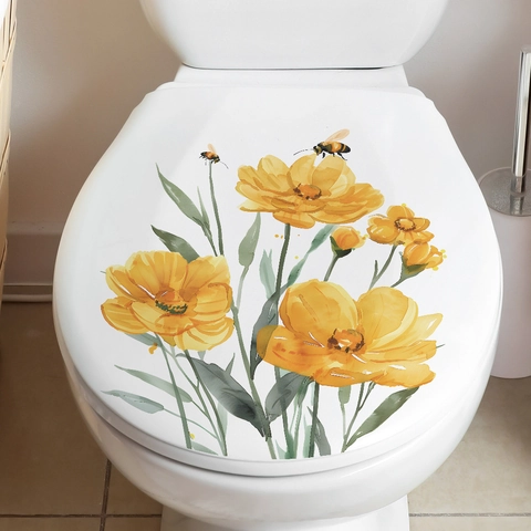 Romantische Gelbe Blumen Und Bienen Toilettenaufkleber Wasserdichte PVC Wandaufkleber Für Kinderzimmer Badezimmer Deko