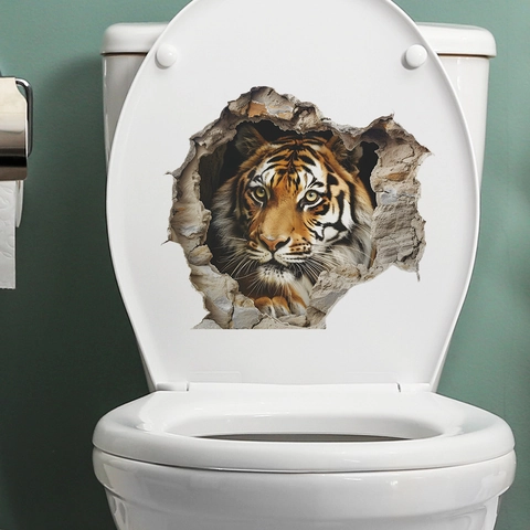3D Realistisch Tiger Wandtattoo Durchbrochene Wand Design Wasserdicht PVC Toilettendeckel Aufkleber DIY Haus Wandkunst Deko