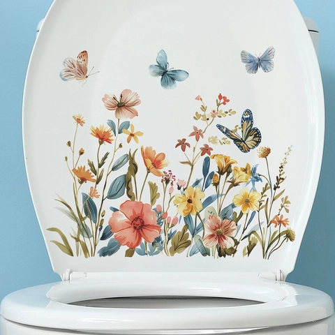 Adesivo per Sedile del WC con Fiori e Farfalle Rimovibile in PVC Impermeabile Decalcomania Murale per Bagno Decorazione Casa
