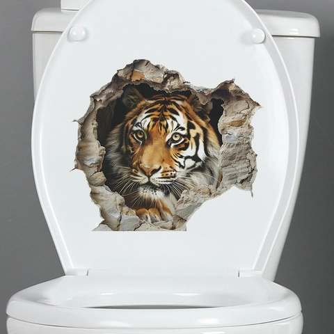 3D Realistisch Tiger Wandtattoo Durchbrochene Wand Design Wasserdicht PVC Toilettendeckel Aufkleber DIY Haus Wandkunst Deko