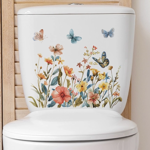 Adesivo per Sedile del WC con Fiori e Farfalle Rimovibile in PVC Impermeabile Decalcomania Murale per Bagno Decorazione Casa