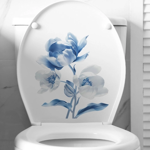 Pegatina de Tapa de Inodoro de Flores Azules Romántica Moderna Calcomanía de Pared de PVC Removible de Tulipán para Decoración de Baño