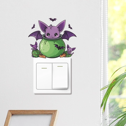 Halloween Cartoon Bat In Cauldron Wall Sticker Removable PVC Light Switch Sticker For Home Living Room Bedroom Decoration
