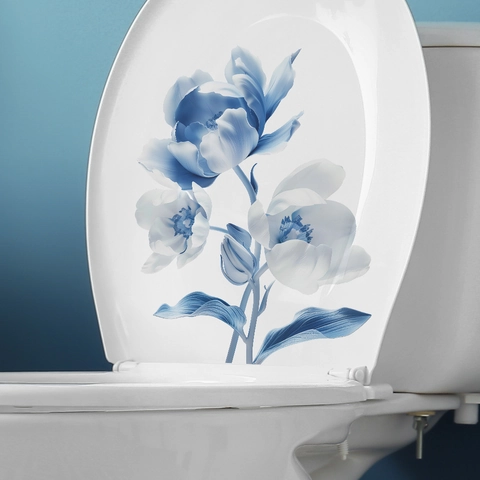 Pegatina de Tapa de Inodoro de Flores Azules Romántica Moderna Calcomanía de Pared de PVC Removible de Tulipán para Decoración de Baño