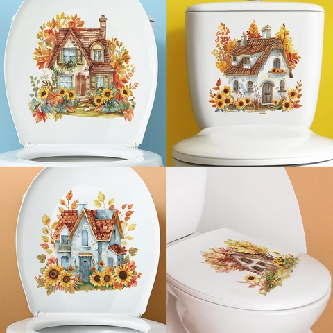 Romantische Aquarel Zonnebloem Huis Toiletdeksel Sticker Verwijderbare PVC Herfstbladeren Muursticker Voor Badkamer Decoratie