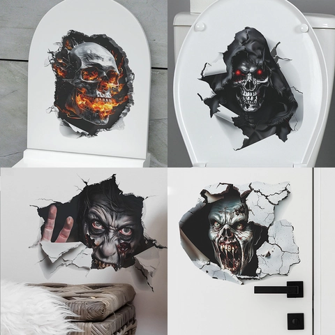 3D Horror Halloween Toilettenaufkleber Gruselige Zombie Skelett Sensenmann Wandtattoo Wasserdicht PVC Deko Party