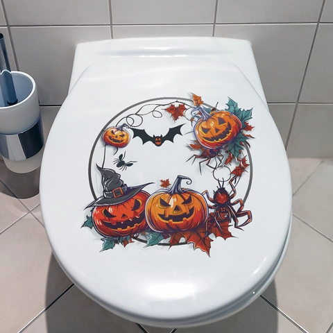 Adesivo per WC Creativo di Halloween con Zucca e Pipistrello in PVC Rimovibile per Bagno Decorazione Festiva Casa Adesivo da Parete
