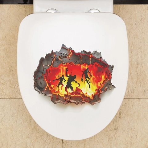 Pegatina de Inodoro Halloween 3D Pared Rota Hombre Lobo de Fuego Terror Adhesivo de PVC Removible Impermeable Decoración de Baño