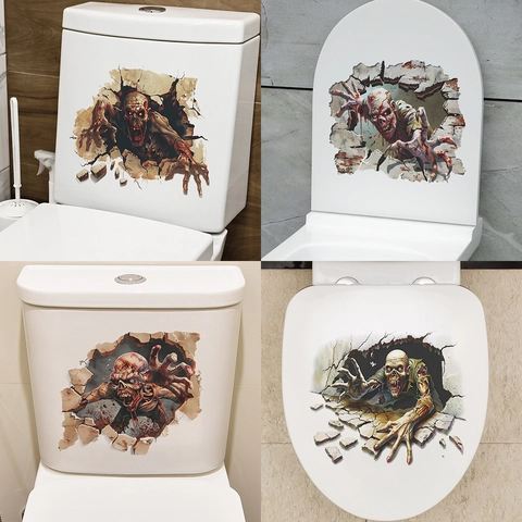 3D Zombie Toiletsticker Waterdicht PVC Horror Thriller Gebroken Muur Zombie Patroon Sticker Voor Halloween Badkamer Huis Decoratie