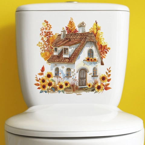Romantische Aquarel Zonnebloem Huis Toiletdeksel Sticker Verwijderbare PVC Herfstbladeren Muursticker Voor Badkamer Decoratie