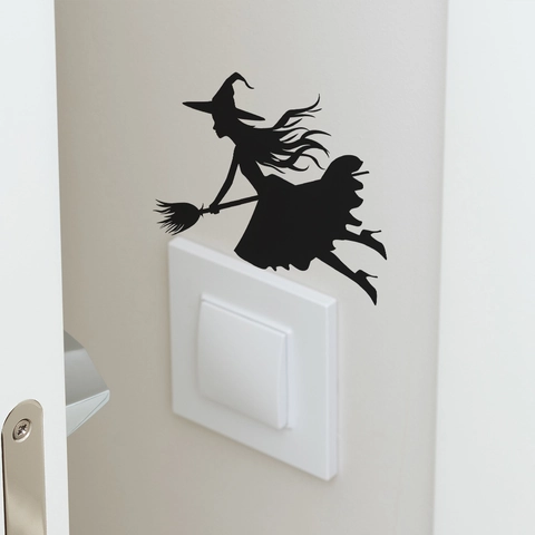 Halloween Hexe Reitet auf Besenstiel Wandtattoo Schwarze Silhouette PVC Schalter Aufkleber Für Zuhause Party Schlafzimmer Deko