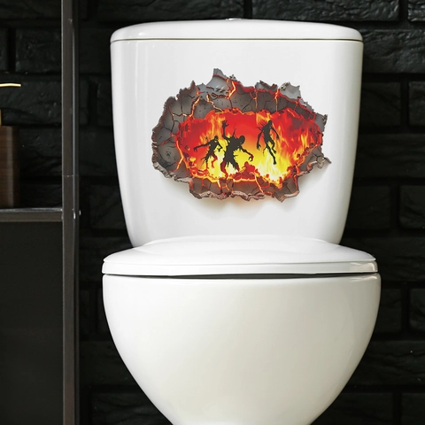 Pegatina de Inodoro Halloween 3D Pared Rota Hombre Lobo de Fuego Terror Adhesivo de PVC Removible Impermeable Decoración de Baño