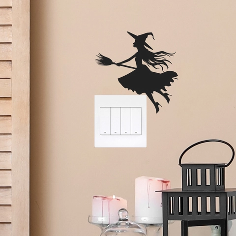 Halloween Hexe Reitet auf Besenstiel Wandtattoo Schwarze Silhouette PVC Schalter Aufkleber Für Zuhause Party Schlafzimmer Deko