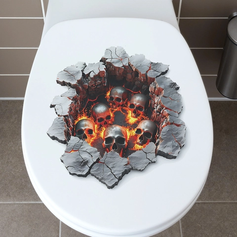 Adhesivo para Inodoro 3D Terror Calavera Fuego Impermeable PVC Removible Decoración Baño Halloween Pegatina Pared Agrietada