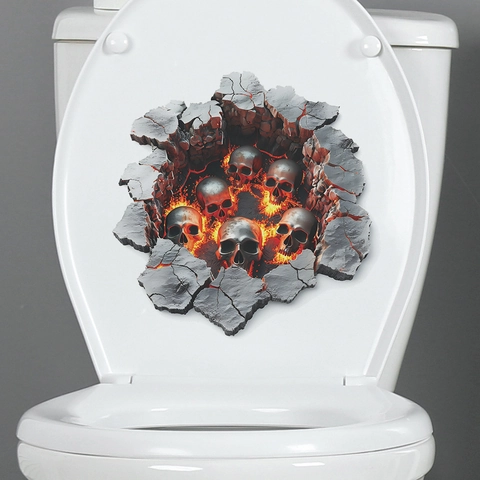Adhesivo para Inodoro 3D Terror Calavera Fuego Impermeable PVC Removible Decoración Baño Halloween Pegatina Pared Agrietada