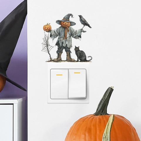 Adesivo da Parete Halloween Zucca Spaventapasseri Gatto Nero in PVC Removibile per Interruttori Camera da Letto Dormitorio Casa
