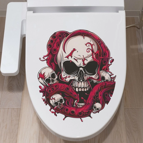 Adesivo per Sedile del Gabinetto Halloween Horror Teschio di Polpo Gotico Arredo Bagno PVC Impermeabile Autoadesivo Murale