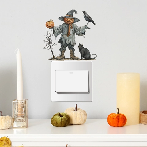 Adesivo da Parete Halloween Zucca Spaventapasseri Gatto Nero in PVC Removibile per Interruttori Camera da Letto Dormitorio Casa