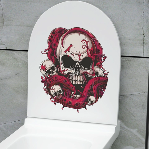 Adesivo per Sedile del Gabinetto Halloween Horror Teschio di Polpo Gotico Arredo Bagno PVC Impermeabile Autoadesivo Murale