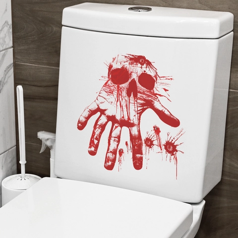 Halloween Scary Bloody Handprint Skull Toilet Sticker PVC Waterproof Removable Scary Bathroom Home Decor Wall Decal Horror Party Supplies