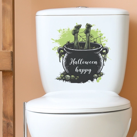 Adesivo per Gabinetto Halloween Calderone della Strega Spaventoso in PVC Piedi di Zombie Ragnatela Bagno Decorazione Parete Casa