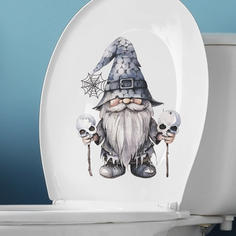 Halloween Gnome Skull Toilet Sticker PVC Removable Waterproof Bathroom Decal Gnome With Skull Staffs For Home Party Decor