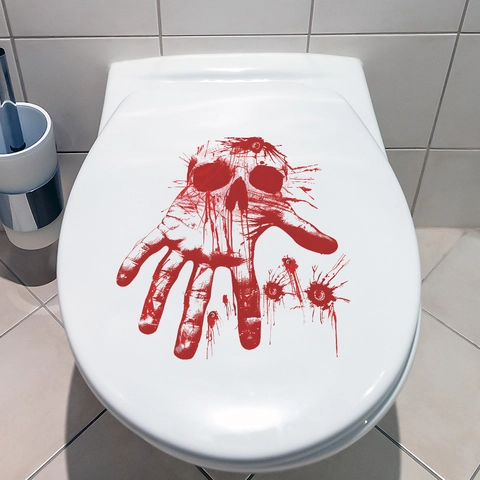 Halloween Scary Bloody Handprint Skull Toilet Sticker PVC Waterproof Removable Scary Bathroom Home Decor Wall Decal Horror Party Supplies
