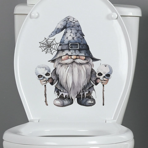 Halloween Gnome Skull Toilet Sticker PVC Removable Waterproof Bathroom Decal Gnome With Skull Staffs For Home Party Decor