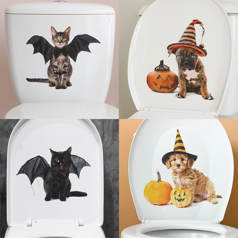 Adesivo per Gabinetto Creativo di Halloween Gatto Cane PVC Impermeabile Ali di Pipistrello Cappello da Mago Zucca Decorazione Parete