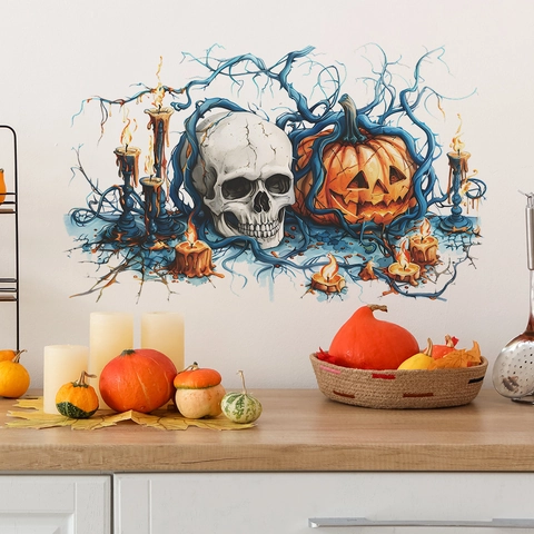 Halloween Skull Pumpkin Vine Wall Sticker PVC Removable Self Adhesive Gothic Decal Home Living Room Bedroom Decoration