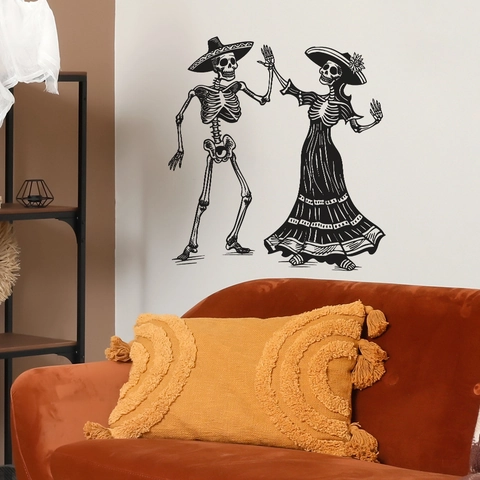 Halloween Tag Der Toten Tanzendes Skelett Wandsticker Abnehmbar Schwarz PVC Mexikanische Volkskunst Silhouette Heimdeko
