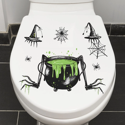 Halloween Hexentrank Kessel Spinnennetz Toilettenaufkleber Wasserdicht PVC Abnehmbar Badezimmer Deko Haus Wandaufkleber