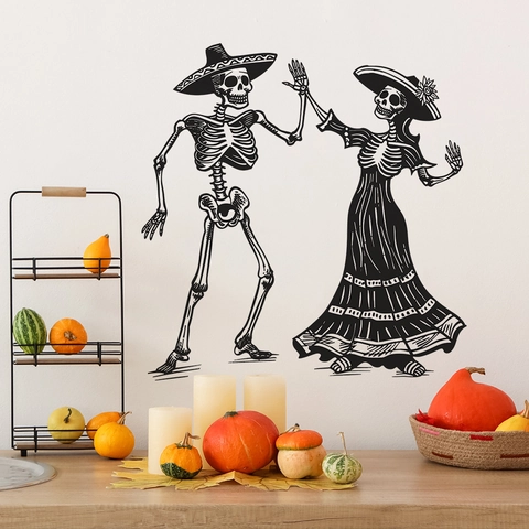 Halloween Tag Der Toten Tanzendes Skelett Wandsticker Abnehmbar Schwarz PVC Mexikanische Volkskunst Silhouette Heimdeko