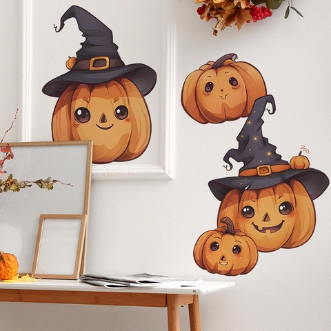 Halloween Cartoon Pumpkin Witch Hat Wall Stickers Removable PVC Self Adhesive DIY Decals For Home Bedroom Living Room Decor