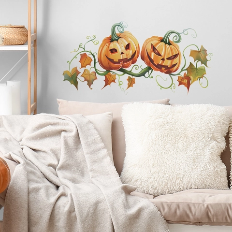 Adesivi Murali di Halloween Zucca Foglie PVC Removibile Autoadesivo Decalcomanie per Soggiorno Camera da Letto Decorazione
