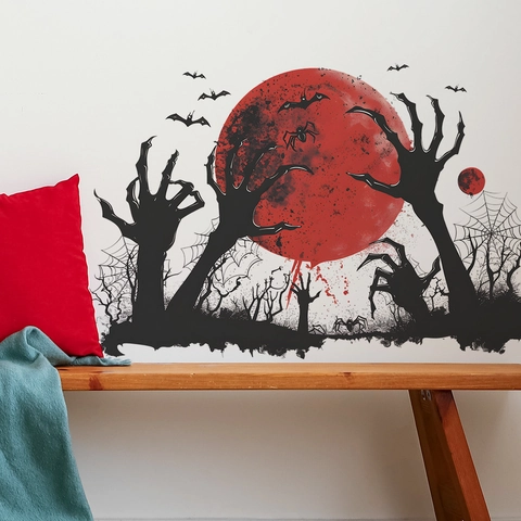 Pegatina Pared Halloween PVC Removible Luna de Sangre Manos de Zombie Murciélagos Telaraña Tema Horror Decoración Hogar