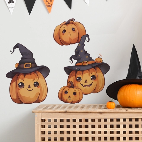 Halloween Cartoon Pumpkin Witch Hat Wall Stickers Removable PVC Self Adhesive DIY Decals For Home Bedroom Living Room Decor
